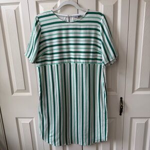 Oliver Bonas Green Stripe Shift Dress Linen Blend Womens Size 10